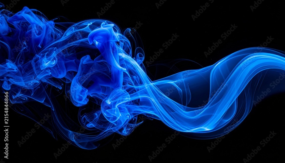 Obraz premium Abstract background featuring elegant blue smoke swirls and vibrant ink clouds flowing against a solid deep black background for artistic design.