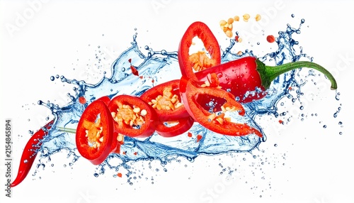 Red chili pepper slices splashing in clear water with refreshing droplets isolated on a white background for healthy lifestyle photography.