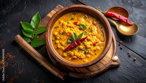A top view of a delicious traditional lentil dal curry served in a rustic wooden bowl with spicy red chili and fresh herbs on dark stone table.