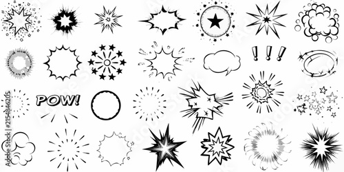 Collection of hand inked comic book explosion and burst vector elements on white