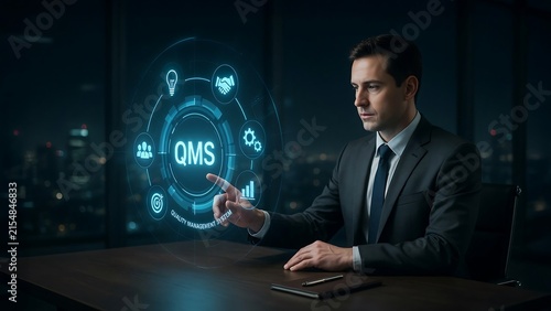 Businessman interacting with a management system hologram