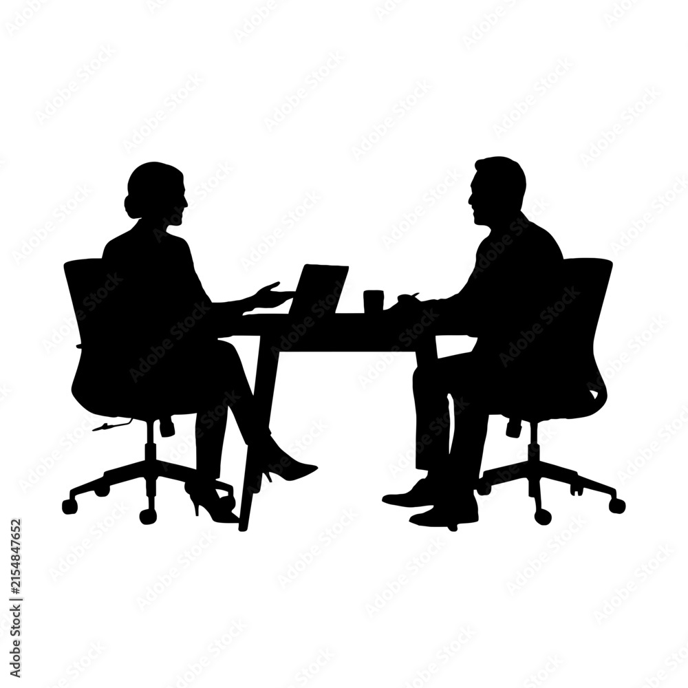Fototapeta premium Two professionals having a business meeting at a table with laptops isolated on transparent background, Vector