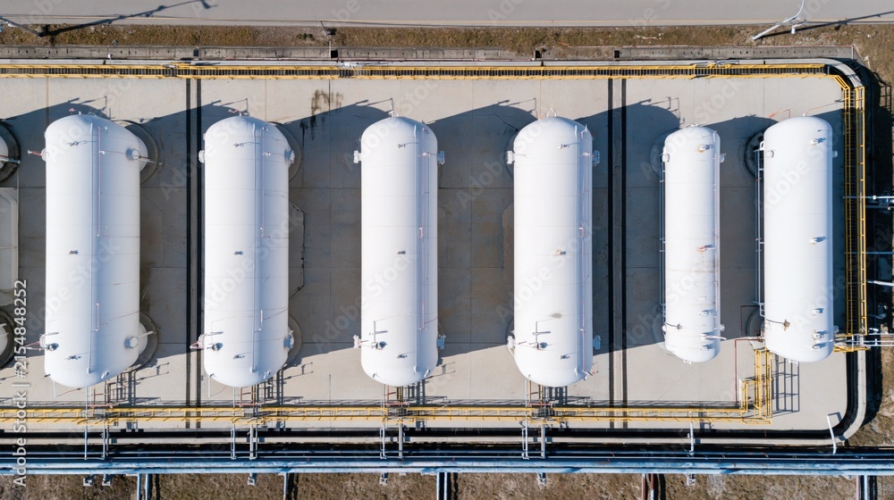 Fototapeta premium The White Cylindrical Storage Tanks in an Industrial Facility Aerial View