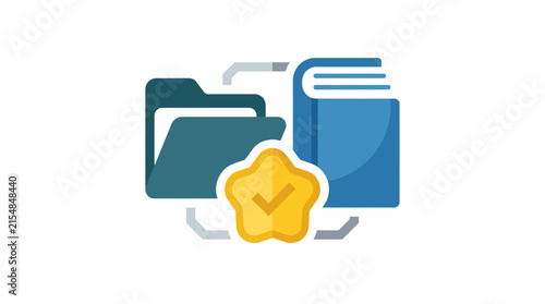 Document management icon featuring a book, file folder, and a gold certified quality badge.