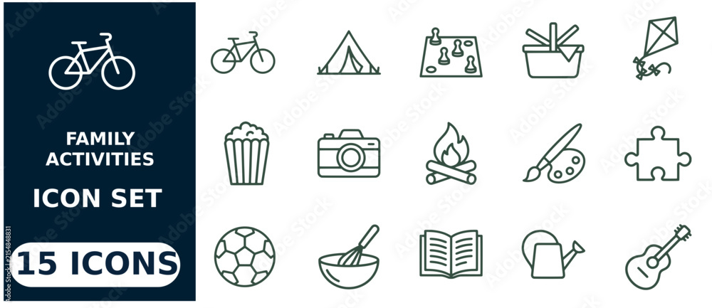 Fototapeta premium Family activities set, 15 line symbols for recreation line black and white