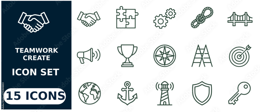Fototapeta premium Teamwork and collaboration set, 15 line symbols handshake puzzle gear