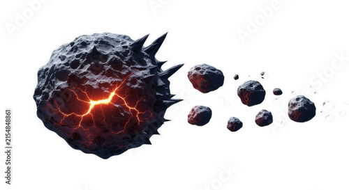 Fiery asteroid with glowing core and sharp spikes traveling with smaller celestial bodies isolated on transparent background