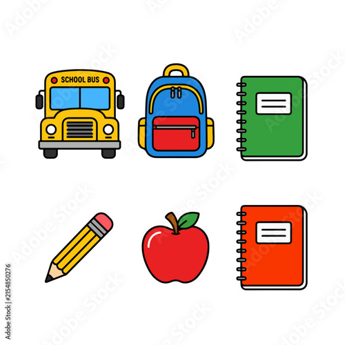 School items school bus backpack notebooks pencil and apple for students.