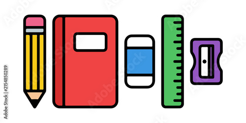 Minimalist school supply icons featuring red notebook and blue eraser on gray background.