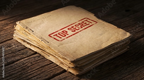 Vintage stack of manila folders with a red top secret stamp lying on a rustic wooden surface for national security and government confidentiality concept.