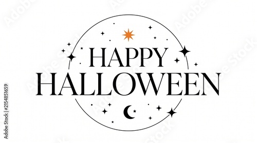 Elegant happy halloween typography design with celestial elements stars and moon in a circular frame on white background
