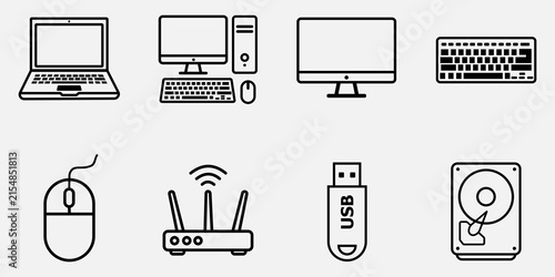Computer Hardware and Technology Devices Line Icon Set