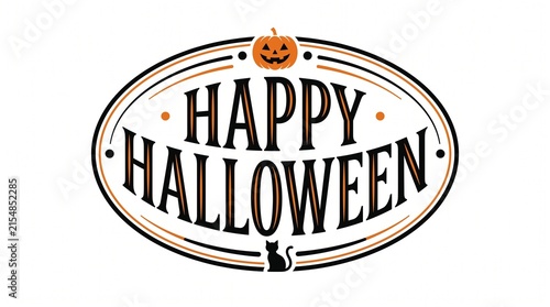 Vintage style oval badge with happy halloween text featuring a small carved pumpkin and a black cat silhouette