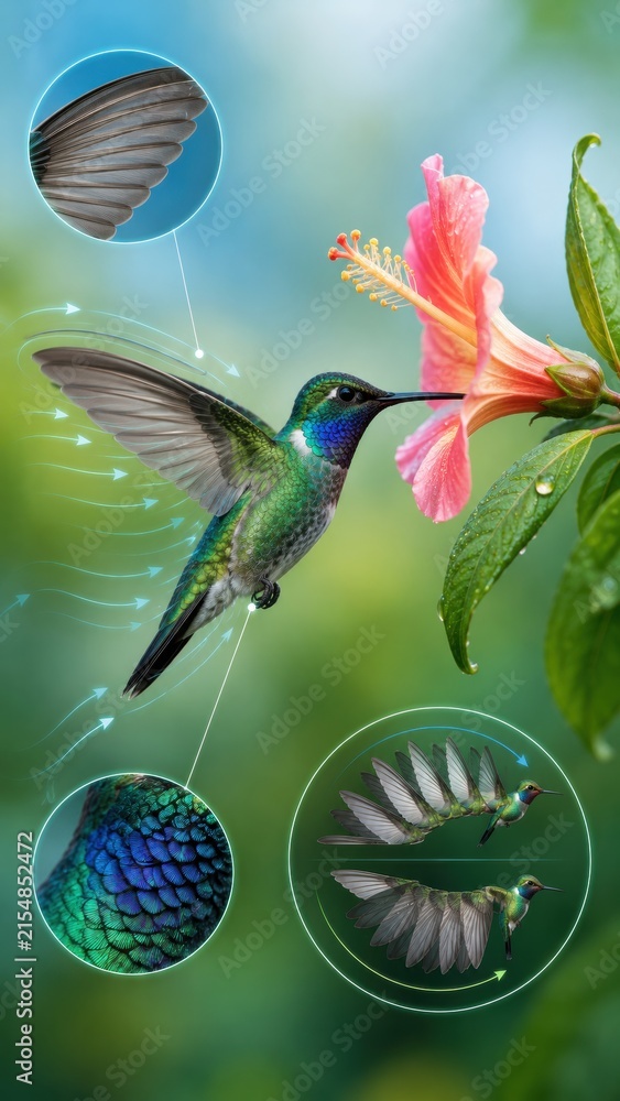 Naklejka premium Hummingbird hovering near pink hibiscus flower with detailed illustrations of wing structure and movement patterns against a blurred green background