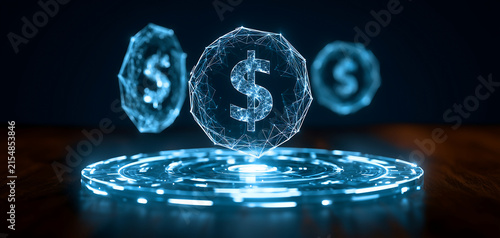 Futuristic currency symbols floating on glowing digital platform with evoking high tech innovative financial concept sleek