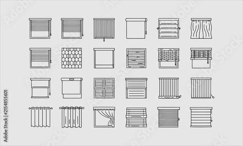 Window blinds, shades line icons. Various room darkening decoration, roller shutters, roman curtains, horizontal and vertical jalousie.