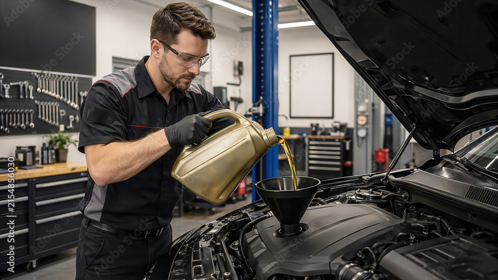 Obraz premium Male mechanic pouring golden motor oil into a car engine in a professional automotive workshop. Car maintenance, oil change, engine service, vehicle repair.