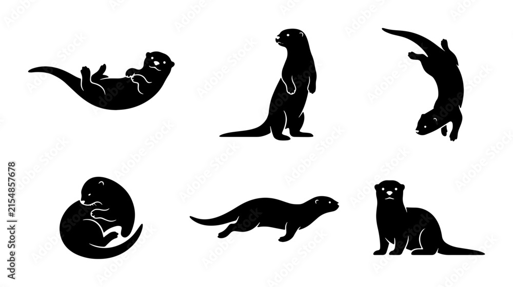 Obraz premium Playful Otter Silhouettes Collection, Aquatic Mammal Vector Icons, Wildlife Animal Poses, Cute River Otter Graphics for Design