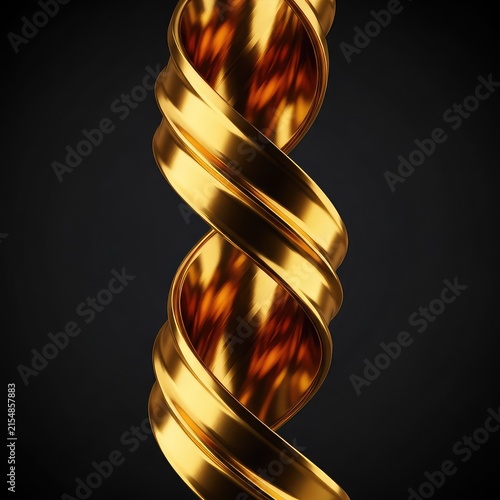 Luxurious abstract golden ribbon twisting into a fluid helix shape with a reflective metallic surface isolated on a dark black background, art, motion, contrast