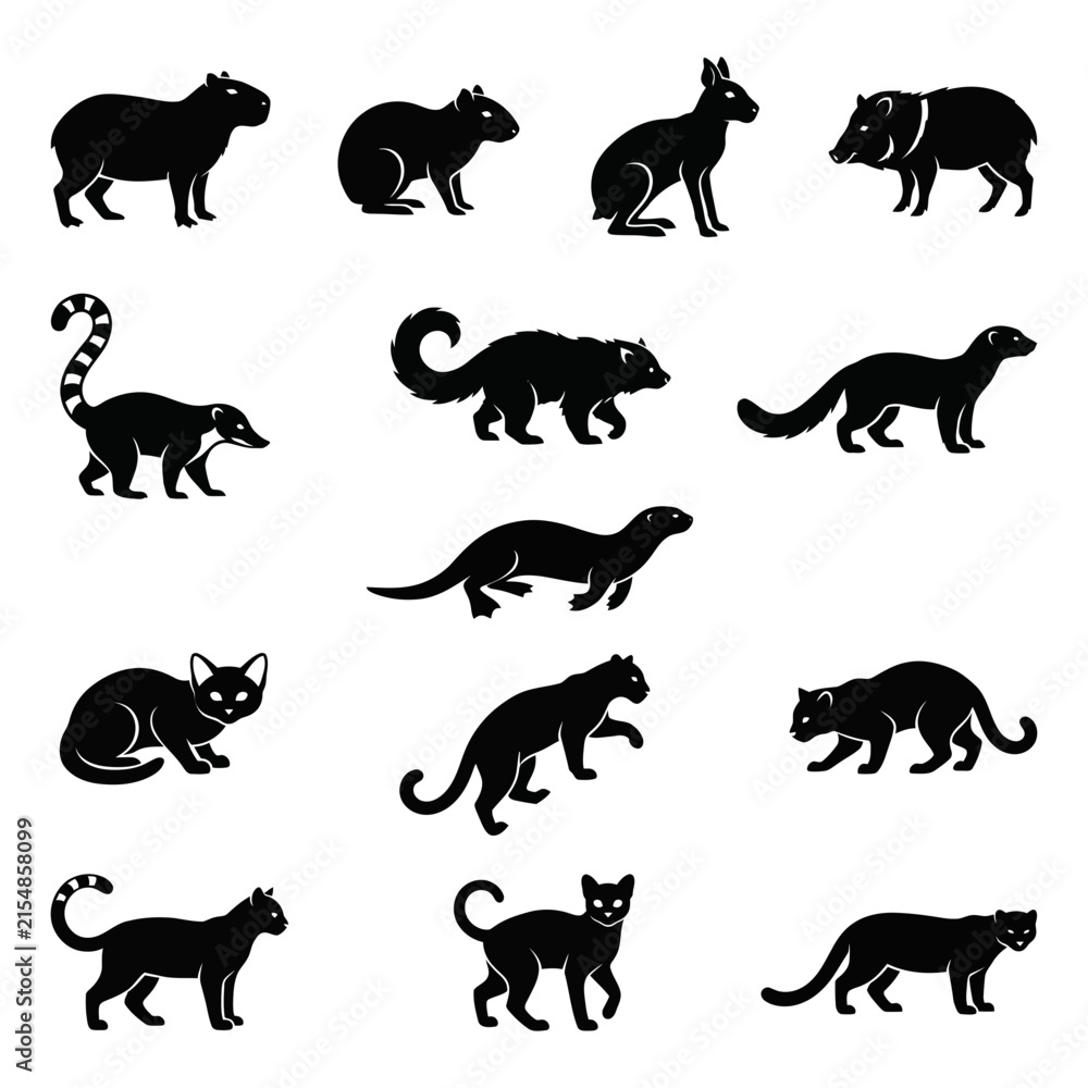 Obraz premium Collection of black silhouettes depicting various feline and canine animals