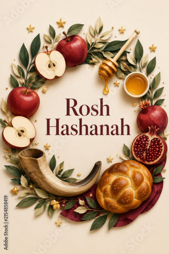 Rosh Hashanah Greeting Card with Traditional Jewish New Year Symbols