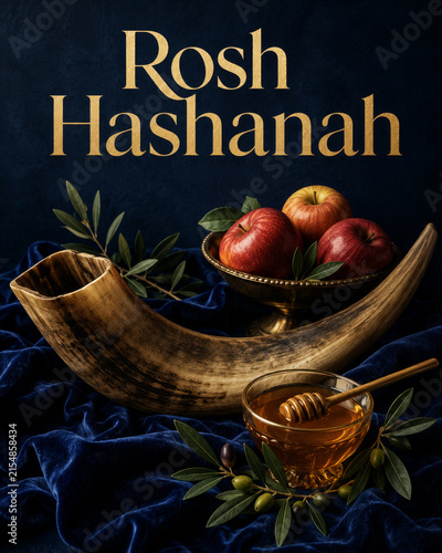 Elegant Rosh Hashanah Greeting Card with Shofar, Honey and Red Apples