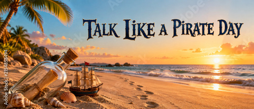 Talk Like A Pirate Day Banner with Beach Sunset and Message in Bottle