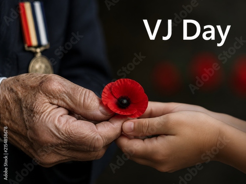 Elderly Veteran Passes Red Poppy to a Child for VJ Day Remembrance