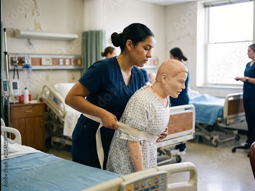 Hispanic Nursing Student Practicing Safe Patient Transfer Technique