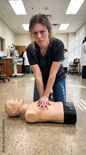 Caucasian Medical Student Practicing CPR on Training Mannequin