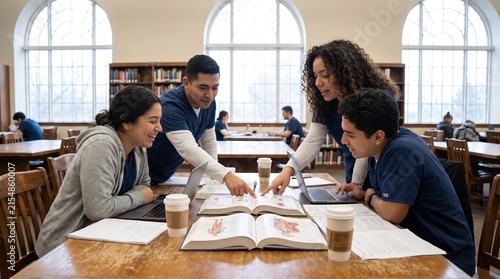 Hispanic Nursing Students Reviewing Textbook Material Together