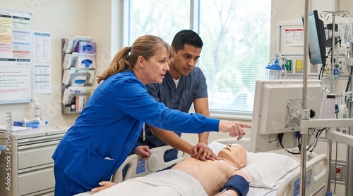 Caucasian Mentor Guiding Hispanic Trainee Through Bedside Simulation