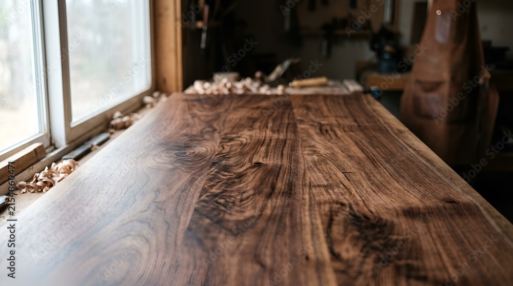 Fototapeta premium Woodworking tabletop surface in studio, rustic wood grain, natural light from window