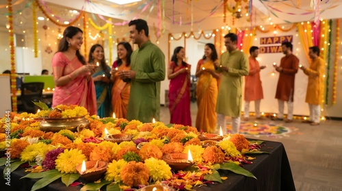 Group of indian colleagues celebrating diwali festival in office with traditional clothes and marigold flowers