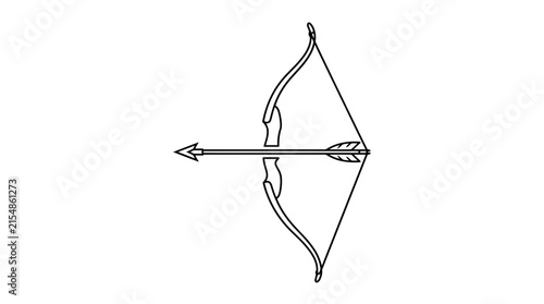 Minimalist black and white line art illustration of a bow and arrow.