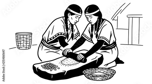 Indigenous women grinding corn on a traditional stone metate.