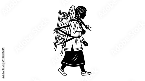 Illustration of a Native American Mother Carrying a Baby in a Cradleboard.