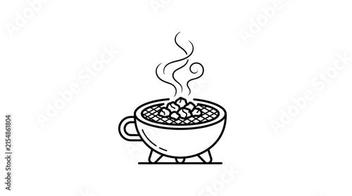 Minimalist hand drawn line art illustration of a hot barbecue grill in a coffee cup.