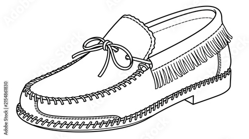 Black and white line art illustration of a traditional moccasin shoe.