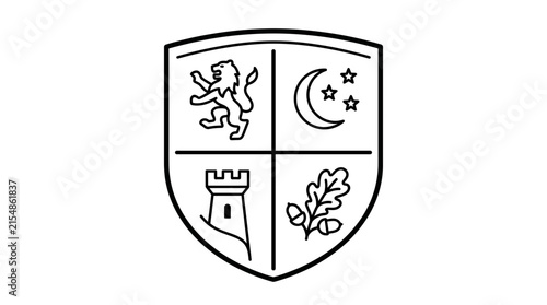 Heraldic Shield Crest With Four Distinct Quarterings.
