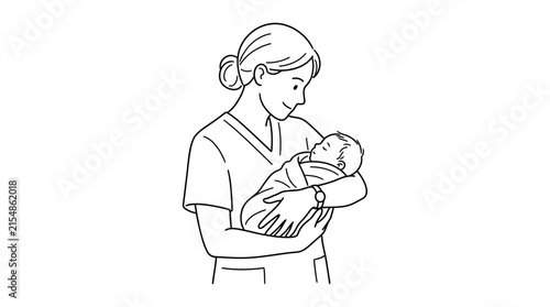 A line art drawing of a female nurse holding a newborn baby.