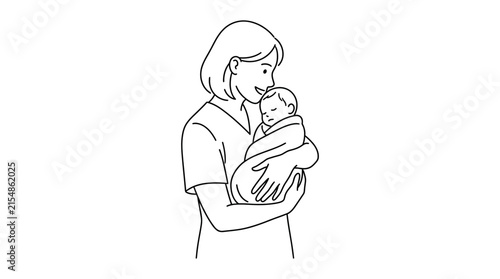 A tender line art illustration of a loving nurse holding a newborn baby.