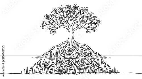 Black and white illustration of a mangrove tree with exposed prop roots.
