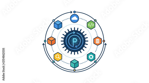 Photography Cloud orchestration cycle icon with diverse service modules.