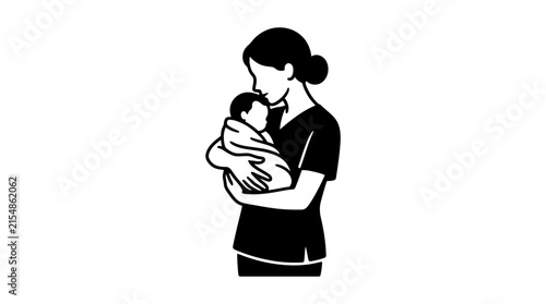 Minimalist black and white line art illustration of a nurse holding a newborn baby.