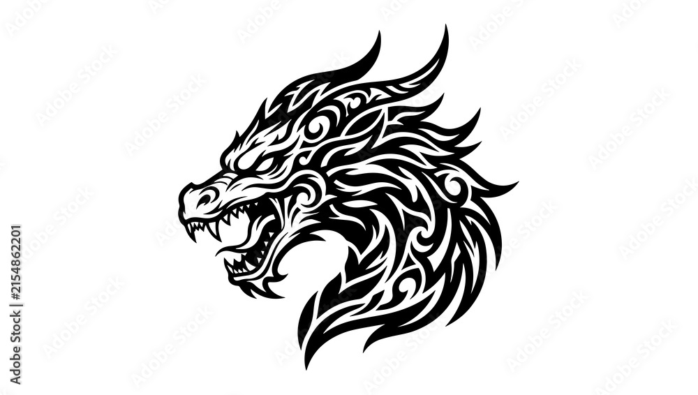 Fototapeta premium Tribal Dragon Head Icon On PNG Background, dragon, tribal, mythology, fantasy, power, dragon head, mythical, legendary, fierce, beast, creature, mane, flowing lines, sharp, 