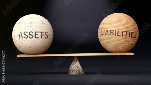Liabilities and assets in balance - balancing stones on a scale symbolizing harmony, equity and equilibrium between assets and liabilities. Harmonious and beneficial situation. ,3d illustration