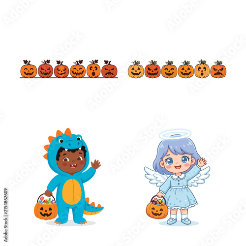 Fotografía Cute children in halloween costumes with trick or treat buckets and a collection