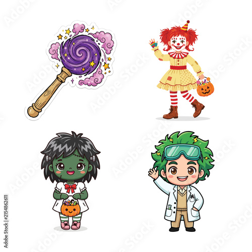 Cuadro en lienzo Adorable halloween stickers featuring a lollipop a clown frankenstein s monster