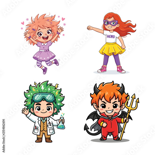Fotografía Four adorable cartoon children dressed as a princess superhero scientist and dev